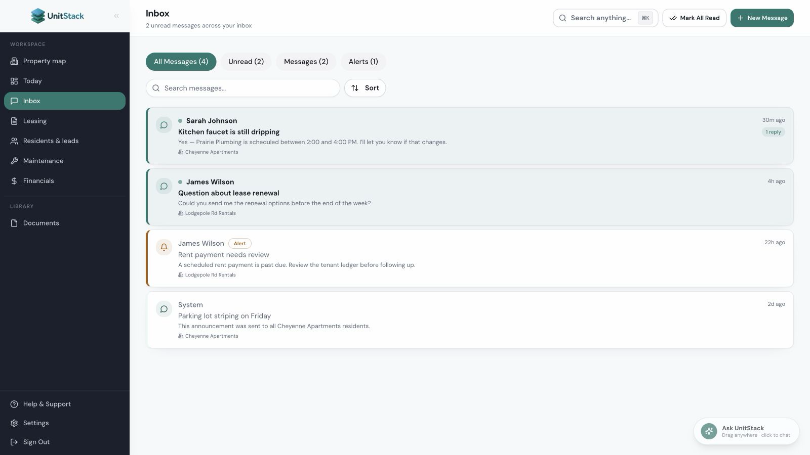 UnitStack resident communication inbox