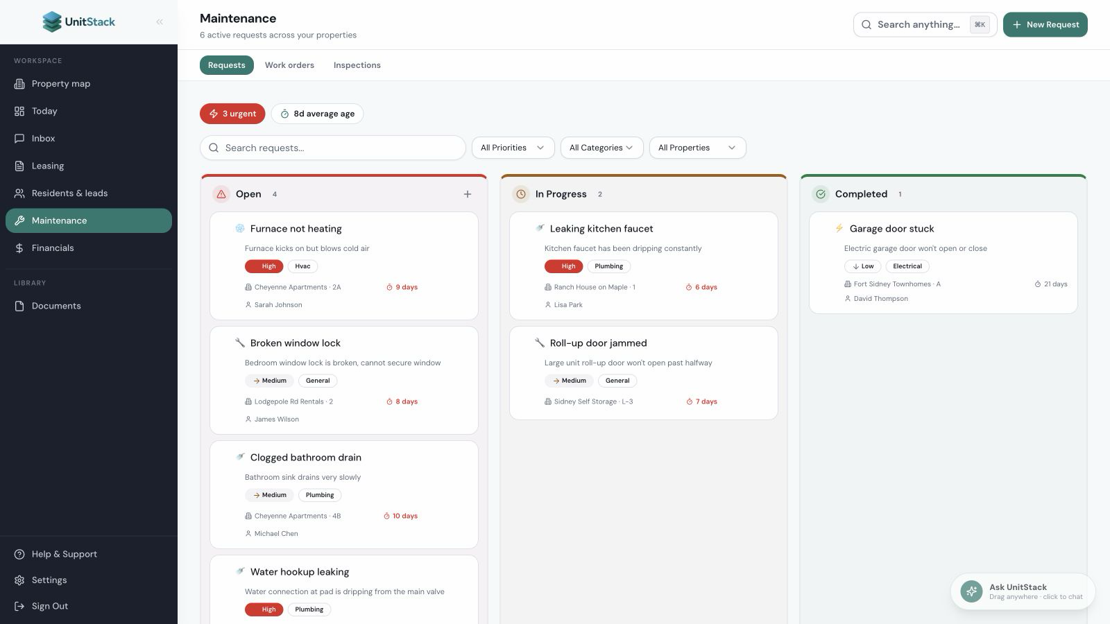 UnitStack maintenance requests with priority and ownership
