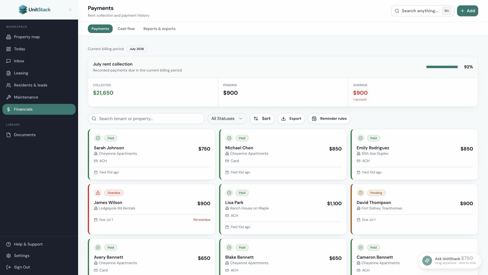 UnitStack rent tracking and resident payment records